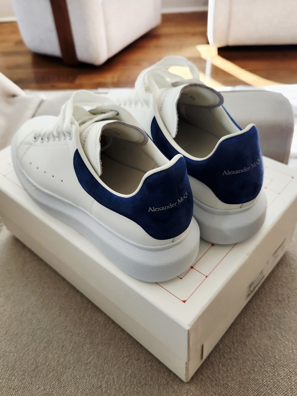 Alexander McQueen White Sneakers with Navy Heel (Unisex)